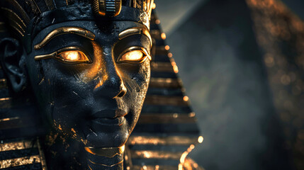 Dark stone statue with glowing eyes, representing an Egyptian god or pharoah