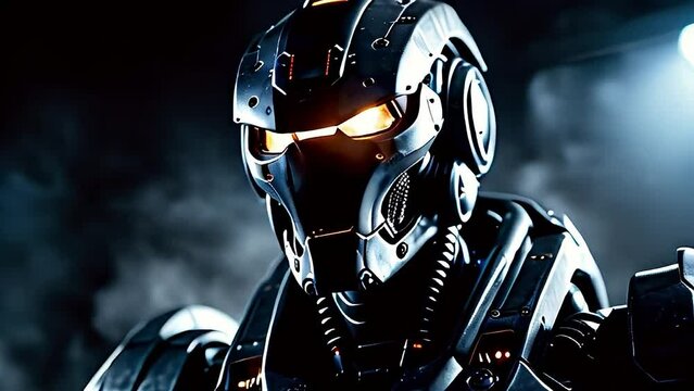 Portrait of a dark alien warrior mech robot, cinematic, epic, battlefield and explosion behind, midnight