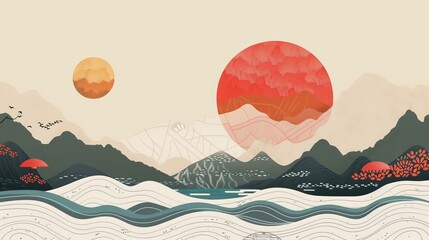 The background shows a Japanese wave pattern, while the template has a geometric pattern. The mountain layout is Asian in style, with an abstract background.