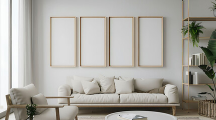 Multi opening Collage shape mockup photo frame resin border, on book shelf in modern living room, 3d render