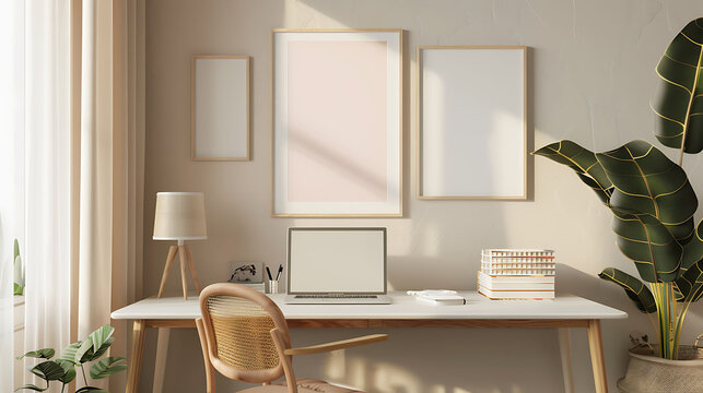 Multi opening Collage shape mockup photo frame plastic border, on study desk in modern living room, 3d render