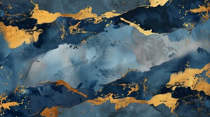 Brushstroke texture in blue, gold, grey, and black with Japanese chinses cloud pattern. Abstract art landscape banner design with watercolor texture.
