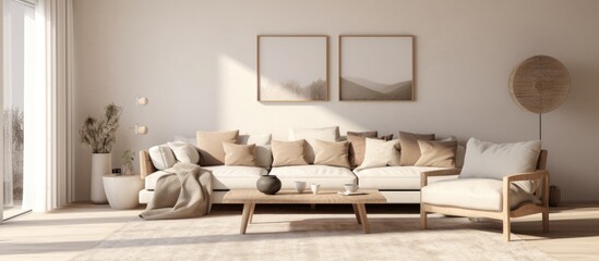 Minimal modern Scandinavian living room interior with furniture and textures.