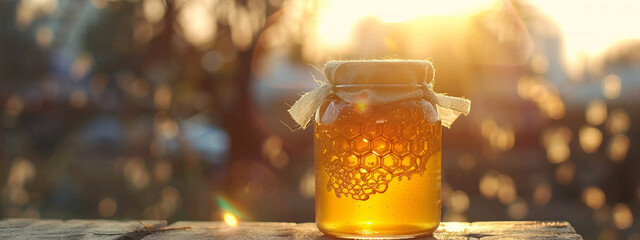 jar with honey on the background of nature