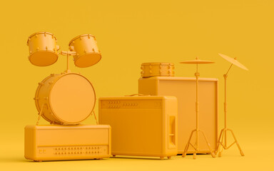 Set of electric acoustic guitars, amplifiers and drums with cymbal on monochrome