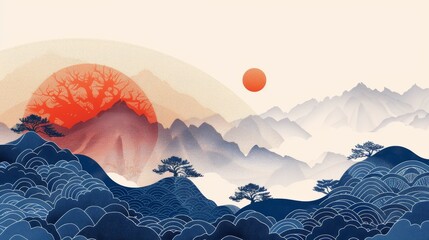 Modern landscape background with Japanese pattern. Geometric element with mountain banner.