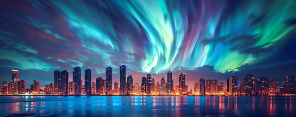 Aurora borealis over a cityscape