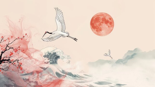 The background is a Japanese landscape banner design with crane birds decorated in a vintage style.