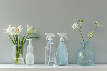 spray bottle and flowers in a glass vase - obrazy, fototapety, plakaty