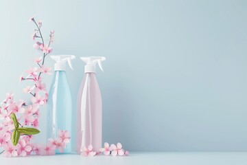 pink flowers in vase and spray bottle 