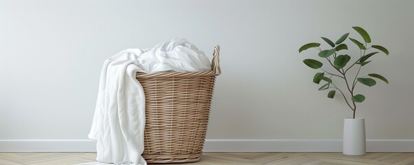 wicker laundry basket with plant in the interior  on white background
