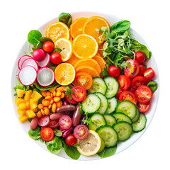 A white backdrop frames a vitamin-rich salad with tomatoes, cucumber, and greens, underscoring the importance of a healthy lifestyle.