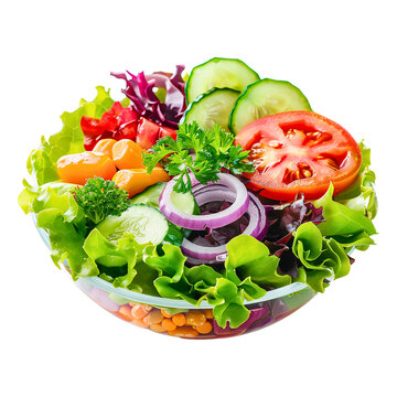 Encouraging healthy eating habits, the picture depicts a vitamin salad comprising tomatoes, cucumber, and greens against a white background.