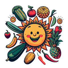 Sun cartoon with fruits and vegetables, png, funny fruit cartoon illustration 