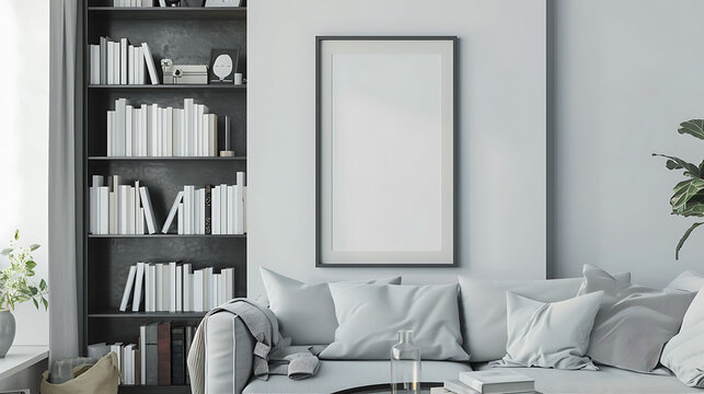 Multi opening Collage shape mockup photo frame glass border, on book shelf in modern living room, 3d render