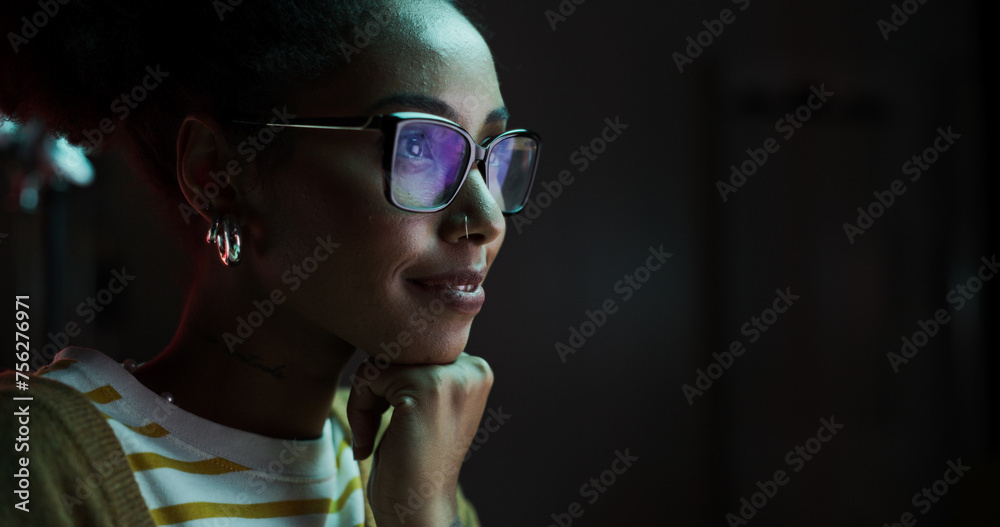 Aufkleber portrait of a happy successful black businesswoman using desktop computer in creative agency in the 