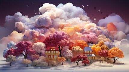 Fototapeta premium Gentle clouds of smoke, trees, houses, 3D, rainbow pastel colors, skies, soft fluffy background pink blue yellow purple generative AI