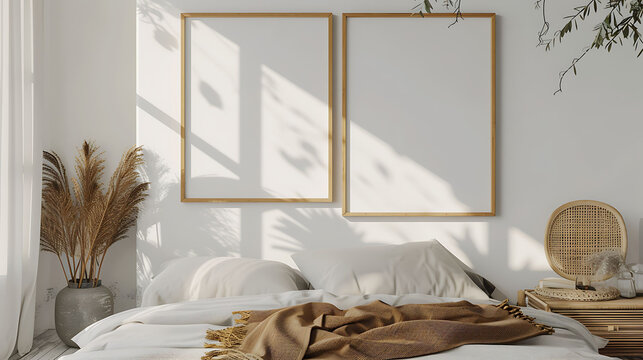 Multi opening Collage shape mockup photo frame bamboo border, on bedside table in modern living room, 3d render