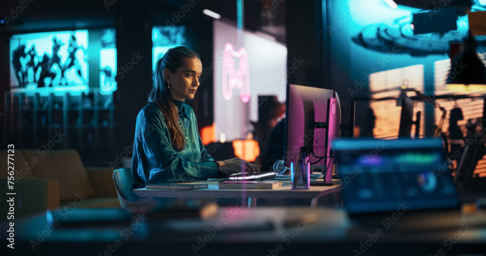 Poster Portrait of a Beautiful Happy Female Using Desktop Computer, Analysing Data, Thinking and Solving Problems. Project Manager Working in Creative Agency, Reviewing Marketing Strategy