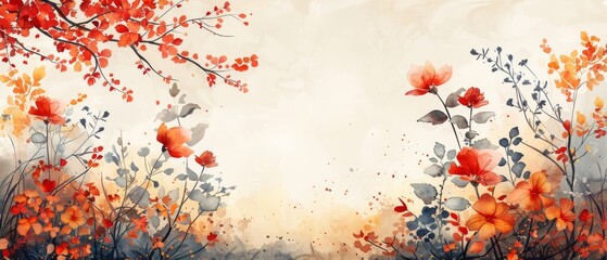 Background design with watercolor brush texture, watercolor hand drawing of flower and botanical leaves. Modern EPS10.