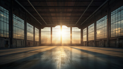 Factory with large windows and sunrise