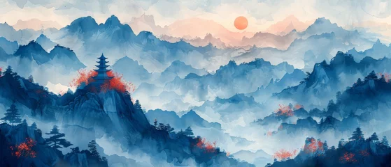 Fototapeten Modern illustration of blue mountains. Oriental luxury landscape background design with watercolor brush texture. Wallpaper, wall art for home decor and prints. © Mark