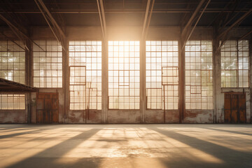 Factory with large windows and sunrise
