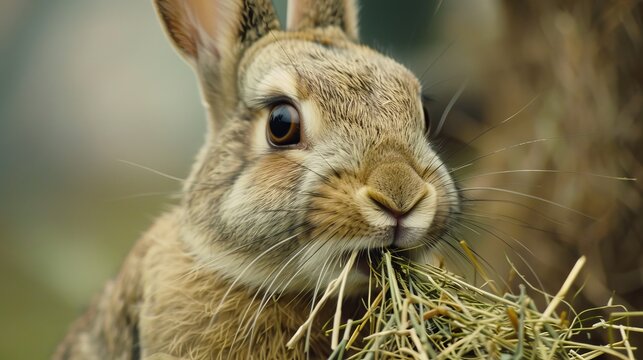 A close-up image of a cute bunny rabbit happily eating hay.
