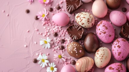 Fototapeta na wymiar Easter decoration colorful chocolate eggs on pink background with copy space. Beautiful colorful easter eggs. Happy Easter. Isolated.