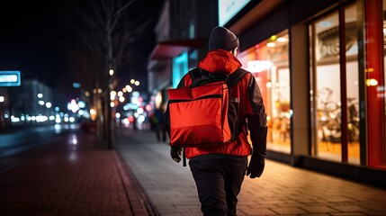 Rear view of a delivery man walking in a uniform and red thermal bag on the side of a night city street with colorful lights