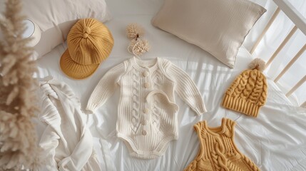 Set of baby rompers, hat, hairband and knitted jumper on white bed. Fashion baby clothes and accessories. Flat lay, top view --ar 16:9 Job ID: 1af9156d-8198-47c8-8710-8786c78b2699