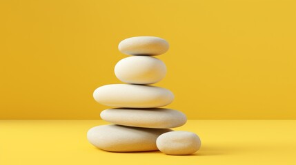 Fototapeta na wymiar Close-up of a stack of white rounded stones on a bright yellow background with a copy space. Horizontal Layout, Template for the Presentation of Spa products, cosmetics.