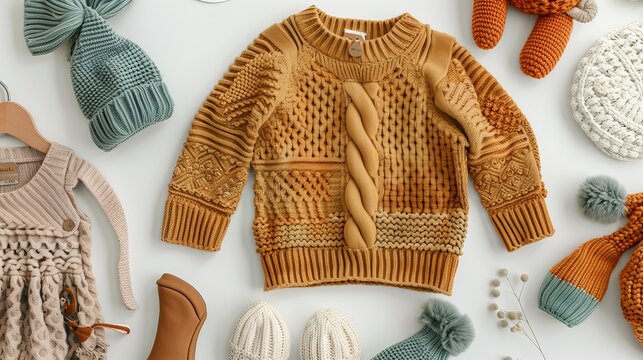 A collection of stylish handmade knitted clothes for children, along with various accessories, all in the boho style. The items are arranged in a top-down view.