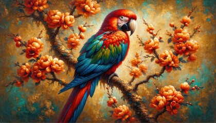 Colorful macaw sits on a blossoming branch against a golden textured backdrop, a symphony of nature's beauty.