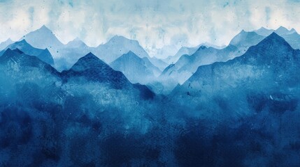  Abstract watercolor painting of layered blue mountains, capturing the serene beauty of a misty landscape background