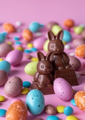 Fototapeta na wymiar Easter decoration chocolate Easter Bunny and colorful eggs on pink background with copy space. Beautiful colorful easter eggs. Happy Easter. Isolated.