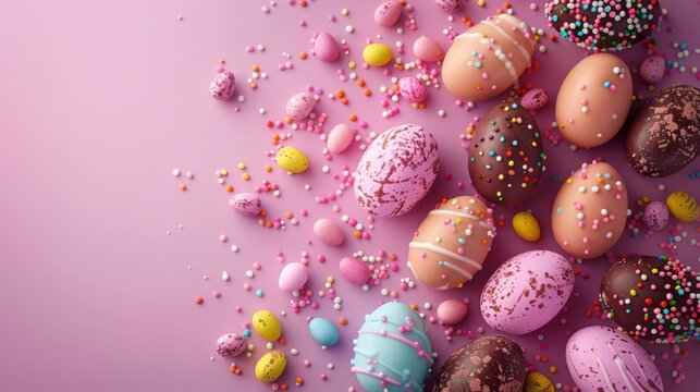 Easter decoration colorful chocolate eggs on pink background with copy space. Beautiful colorful easter eggs. Happy Easter. Isolated.