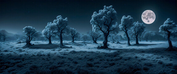 Fantasy landscape with trees on the meadow at night in full moon light