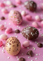 Fototapeta na wymiar Easter decoration colorful chocolate eggs on pink background with copy space. Beautiful colorful easter eggs. Happy Easter. Isolated.
