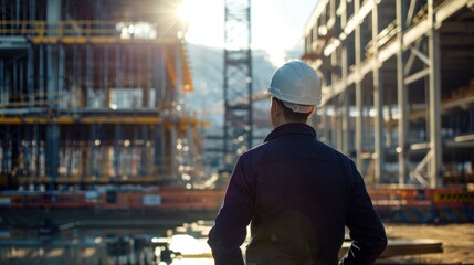 Behind the scenes, an engineer wearing a white hard hat stands and looks at a structure under construction at a work site.