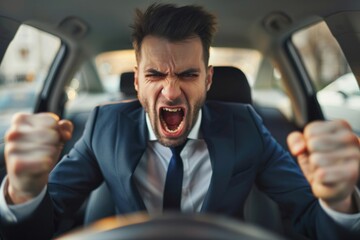angry young businessman in a suit driving a car and showing an emotional expression. Shouting and arguing indignantly