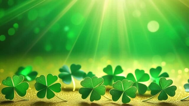 Green sunny background with shamrocks and copy space. Happy St. Patrick's Day.