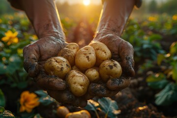 hands of a gardener holding fresh potatoes - obrazy, fototapety, plakaty