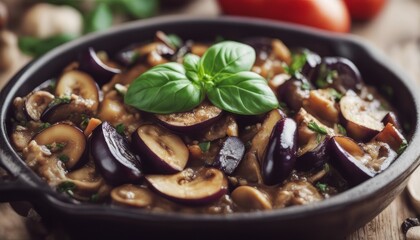 Saute with mushrooms, eggplant, aubergines and basil. Vegetable stew