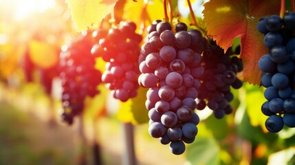 Macro close up of ripe grapes hanging on a vineyard branch with blurred vineyard background - obrazy, fototapety, plakaty