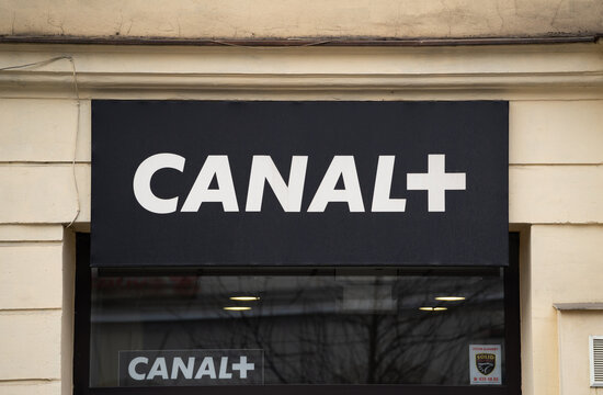 Canal+ television channel logo sign. Premium TV station, major French network. Canal Plus signage with brand logotype on February 15, 2024 in Krakow, Poland.