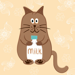 Cartoon cat with a bottle of milk, vector illustration. The cat always asks for more milk and it is impossible to resist his kind eyes.