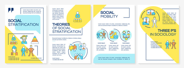 Social stratification blue and yellow brochure template. Leaflet design with linear icons. Editable 4 vector layouts for presentation, annual reports. Questrial, Lato-Regular fonts used