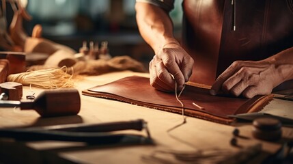 Handmade leather craftsmen make handmade wallets using natural leather at work. - obrazy, fototapety, plakaty