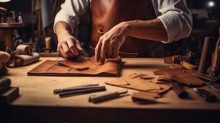 Handmade leather craftsmen make handmade wallets using natural leather at work.